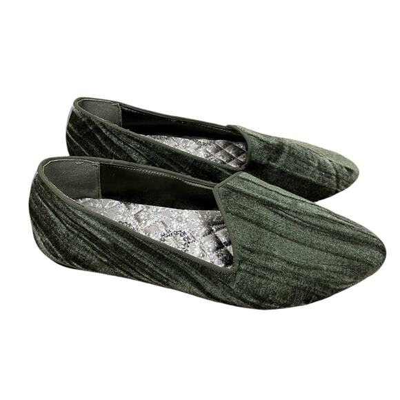 Birdies Olive Green Crushed Velvet The Heron Flats Slip-On Shoes Womens Size 7.5 - Picture 1 of 6